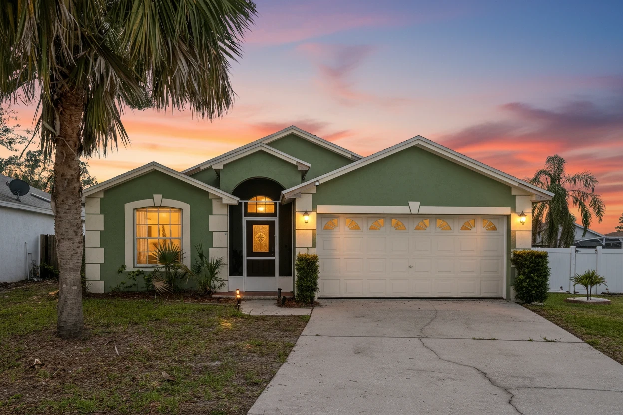 Orlando-area vacation rental home exterior photographed at twilight with warm interior lighting and a colorful sunset sky