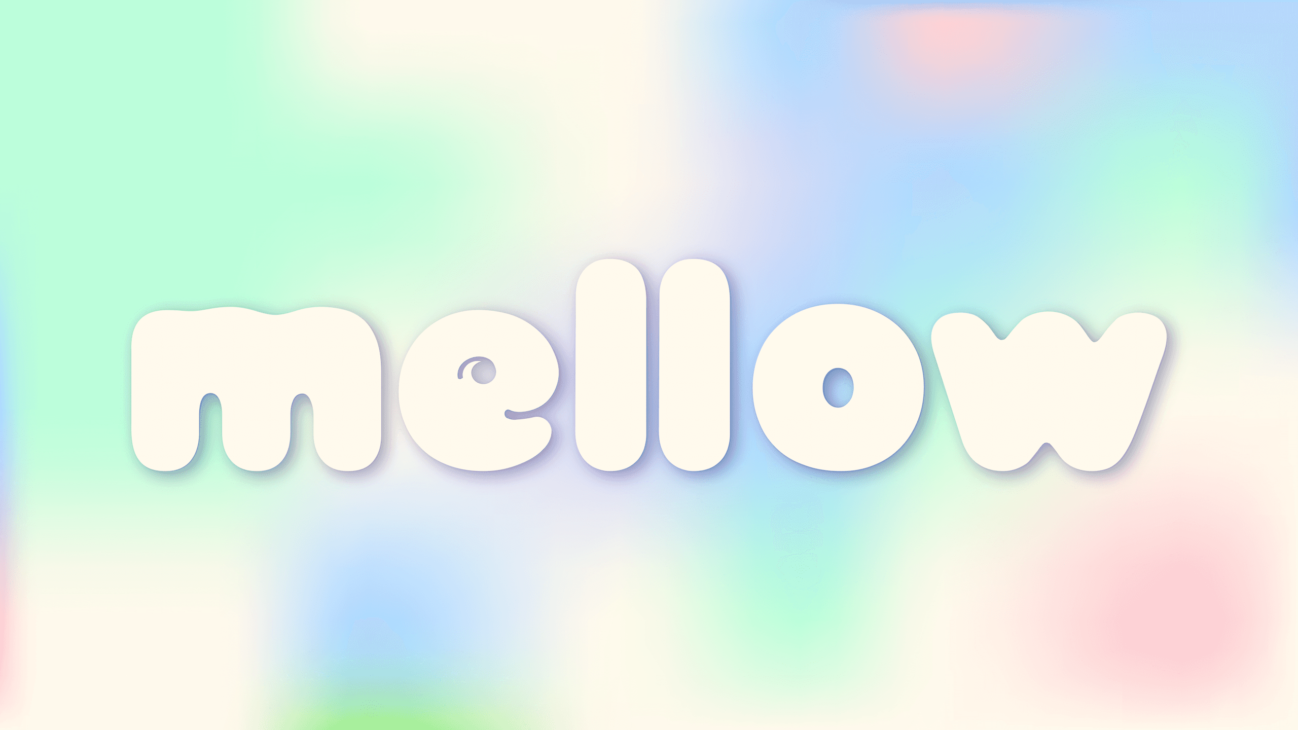 A light pink rounded box with a handle, featuring a pastel design and the word "mellow" in white, sits on a white surface next to a plain white sphere, all against a soft gradient background of pink, blue, and white.