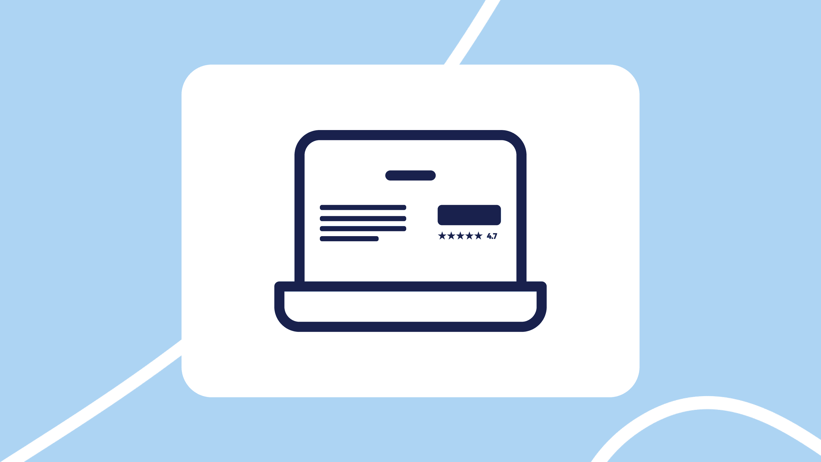 Ilustración minimalista de un portátil con una ficha de reseñas y valoración, representando el posicionamiento en Google y el SEO local para concesionarios.