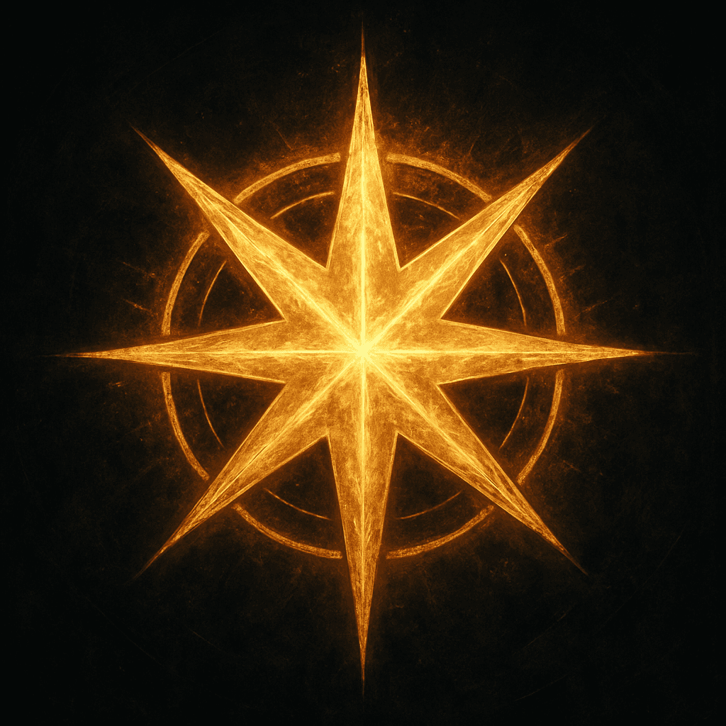 Golden eight-pointed star emblem of the Mage caste, radiating fiery light and mystical energy, symbolizing mastery, insight, and high-tier access within the Cirqus Heresy Order.