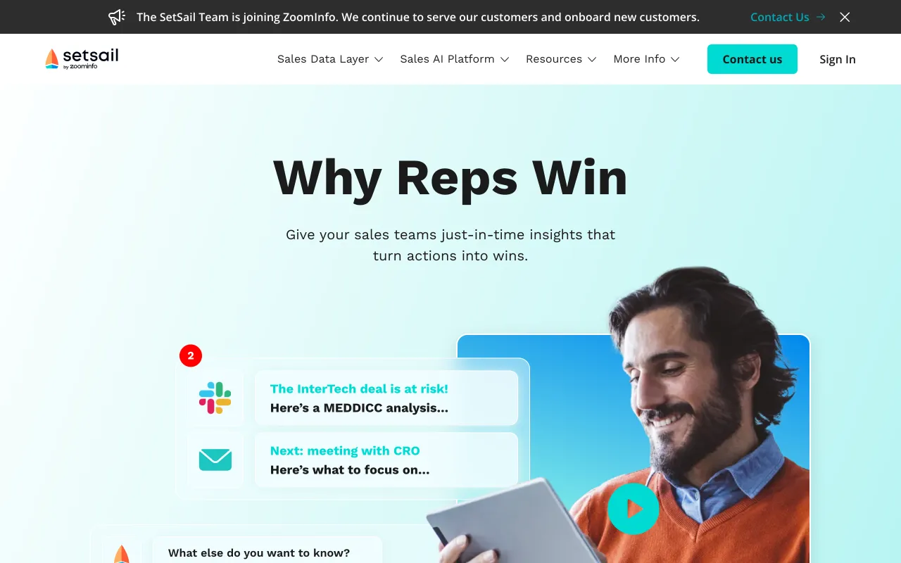 SetSail homepage, sales behavioral signals platform now part of ZoomInfo