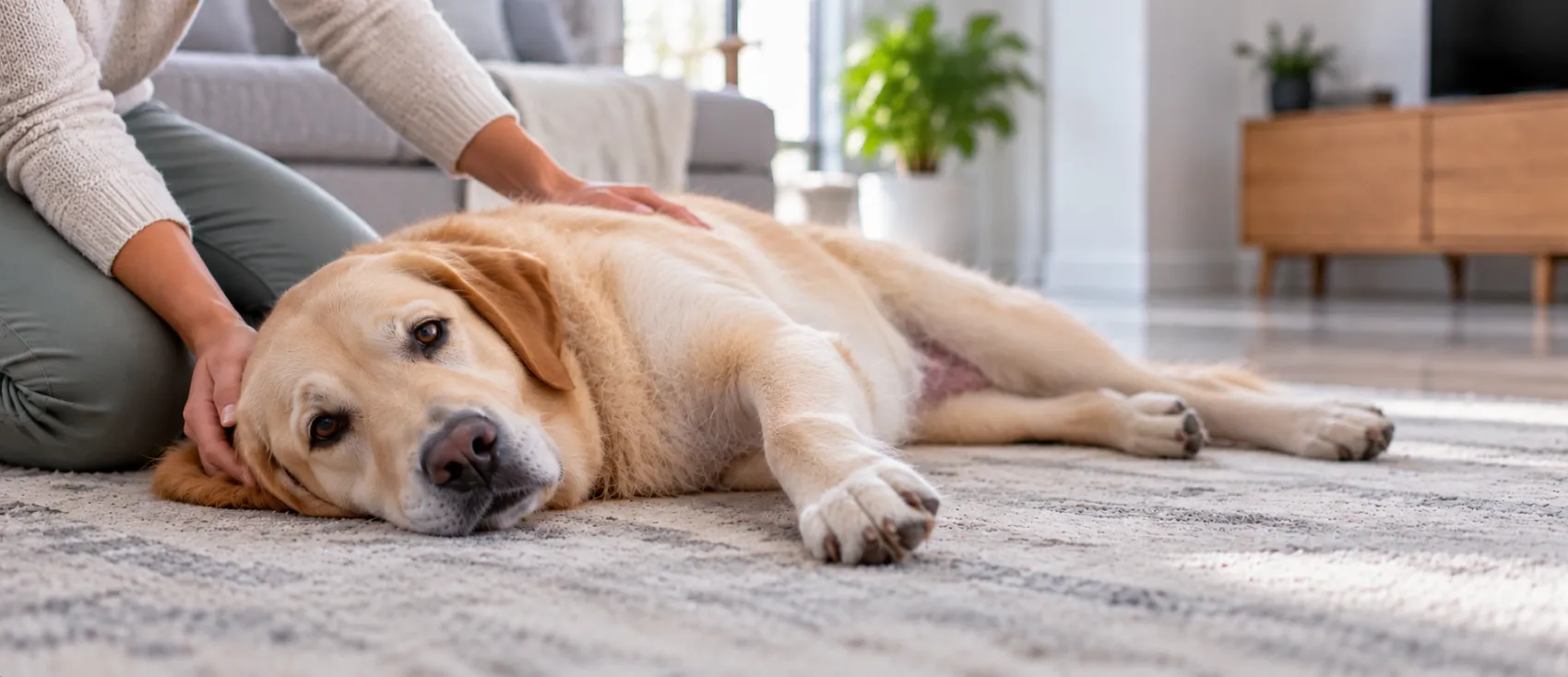 A Labrador lies limp on the floor while a person gently comforts it.