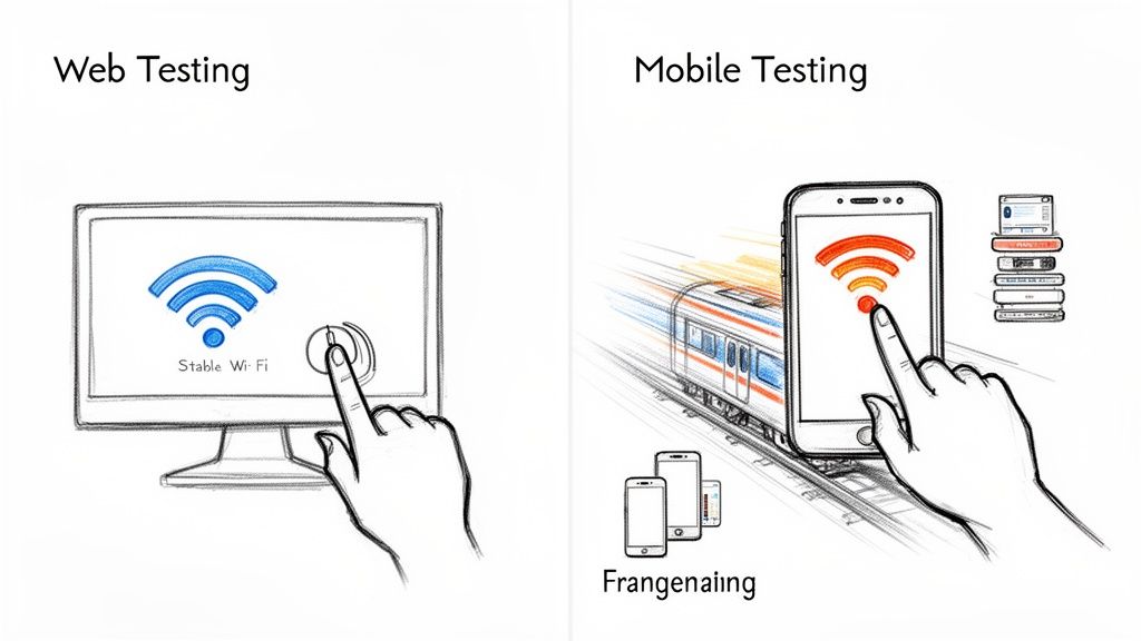 Illustration comparing web testing with stable Wi-Fi on a desktop versus mobile testing challenges with unstable Wi-Fi on a moving train.