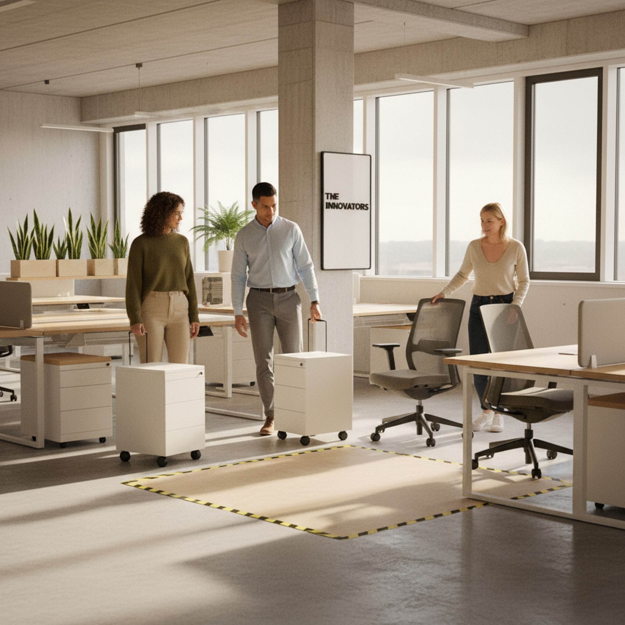 In einem lebendigen Open Space schiebt ein Team Rollcontainer an eine markierte Projektzone, während ein Kollege einen freien Schreibtischstuhl heranzieht. Eine kleine Magnettafel mit Teamnamen hängt an der Säule. Sonnenlicht beleuchtet die klar strukturierte Fläche. Die Aufteilung wirkt sinnvoll und bereit für fokussierte Sprints.