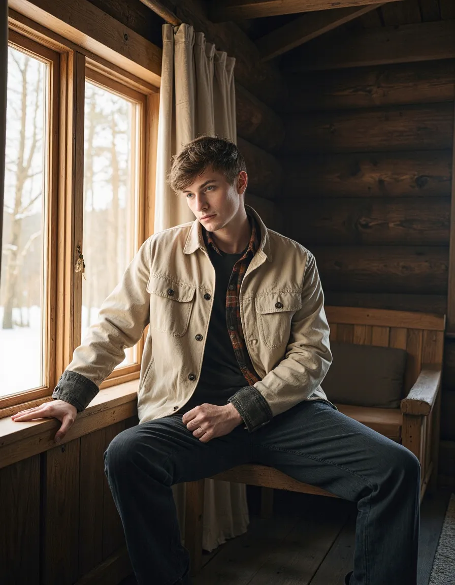 Young man in cream jacket sitting by cabin window in moody natural light editorial fashion portrait