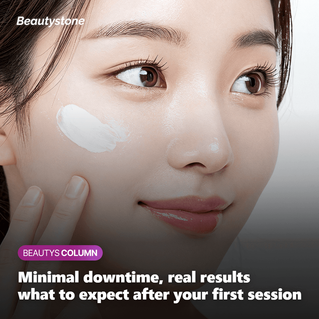 Recovery setting after a first lifting treatment showing a calm skincare routine with minimal downtime