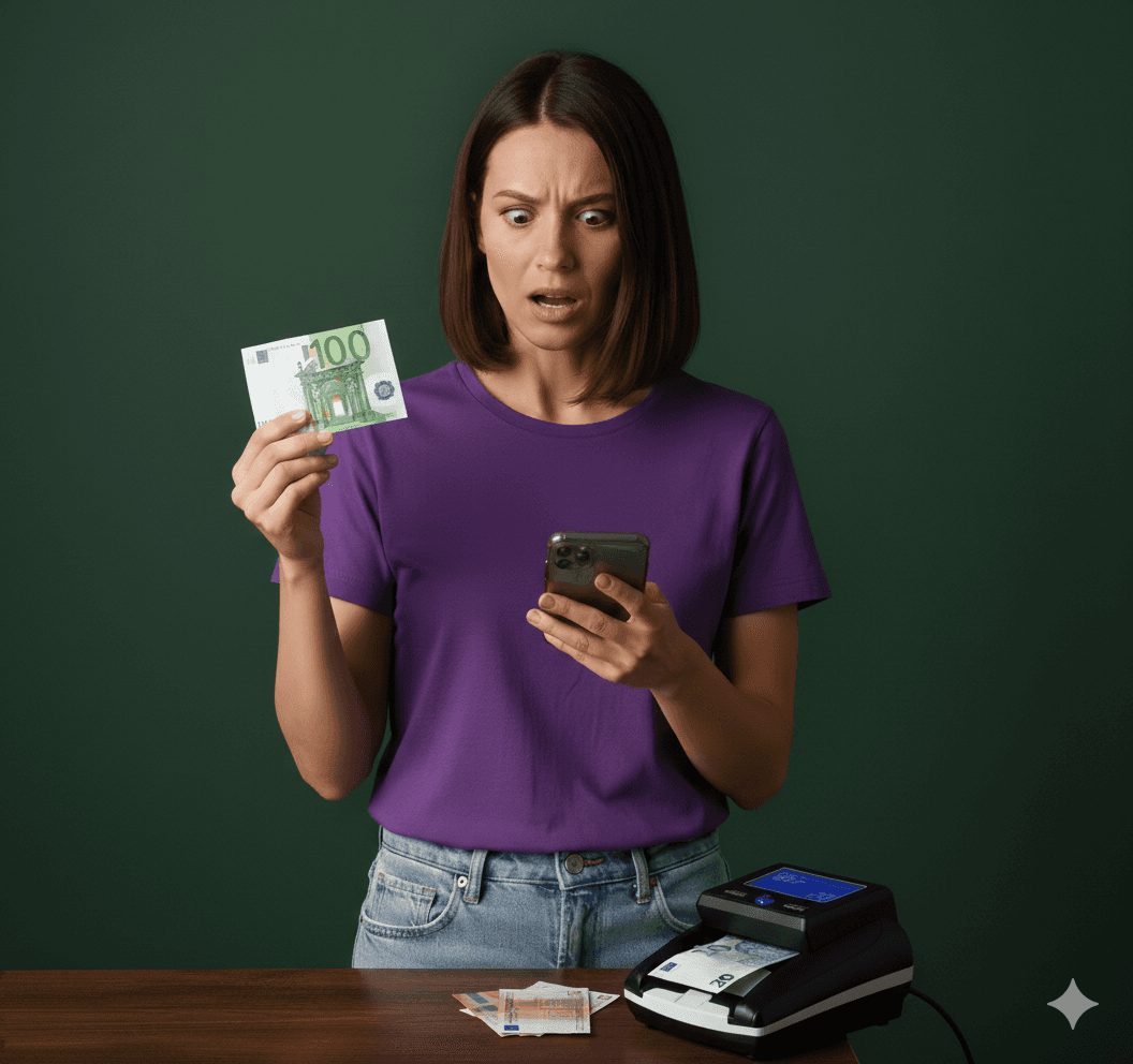 A young person with short brown hair in a purple shirt is looking at their phone against a dark green background.