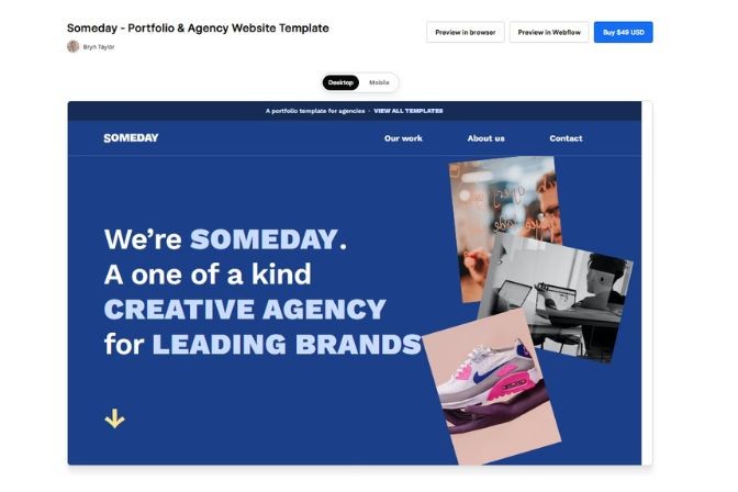 Página de la plantilla Someday con el texto We are Someday, a creative agency for leading brands y un collage de fotografías