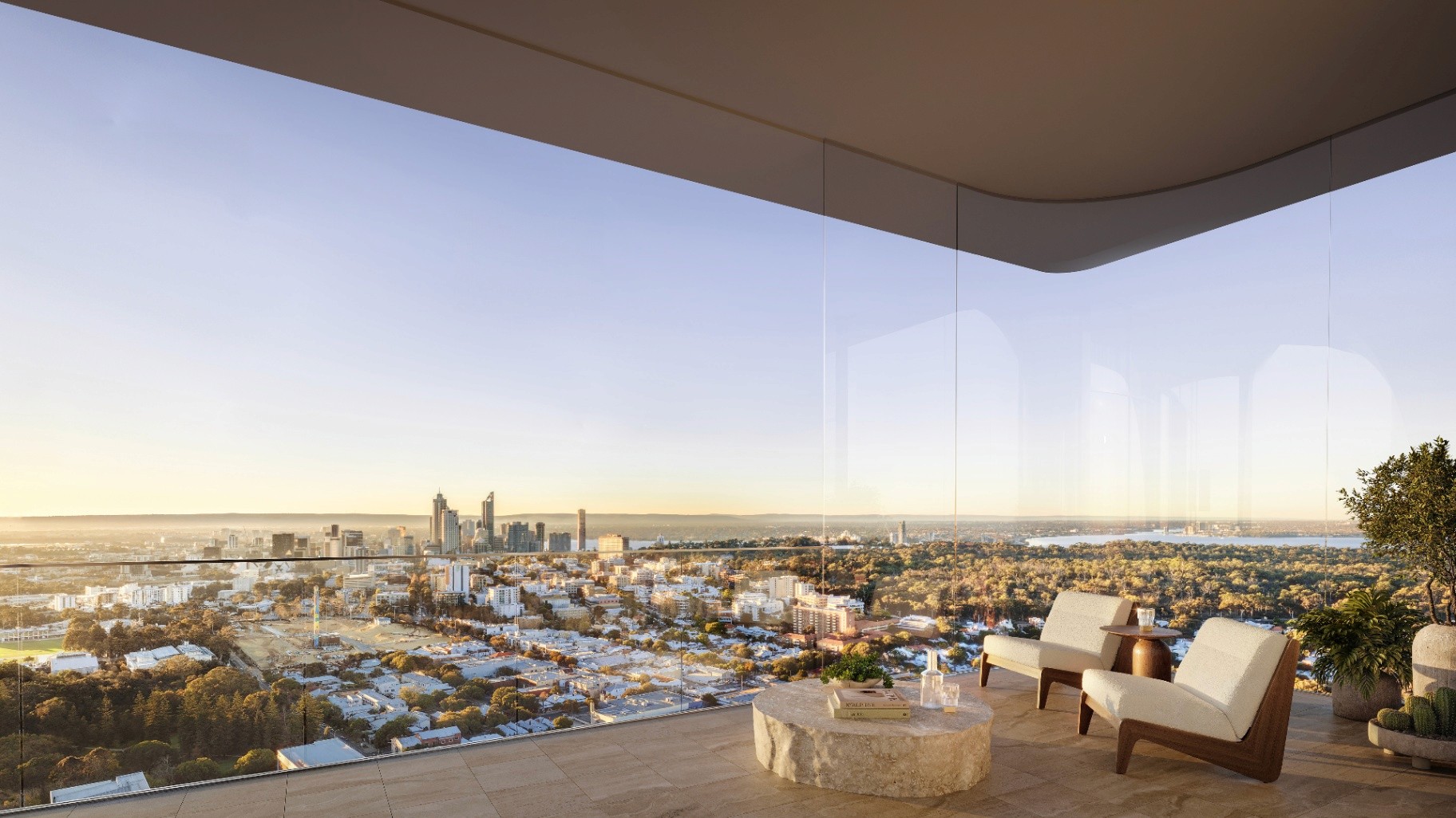 Panoramic Perth skyline and Swan River views from One Oval Subiaco apartment balcony, buy off the plan with Coposit