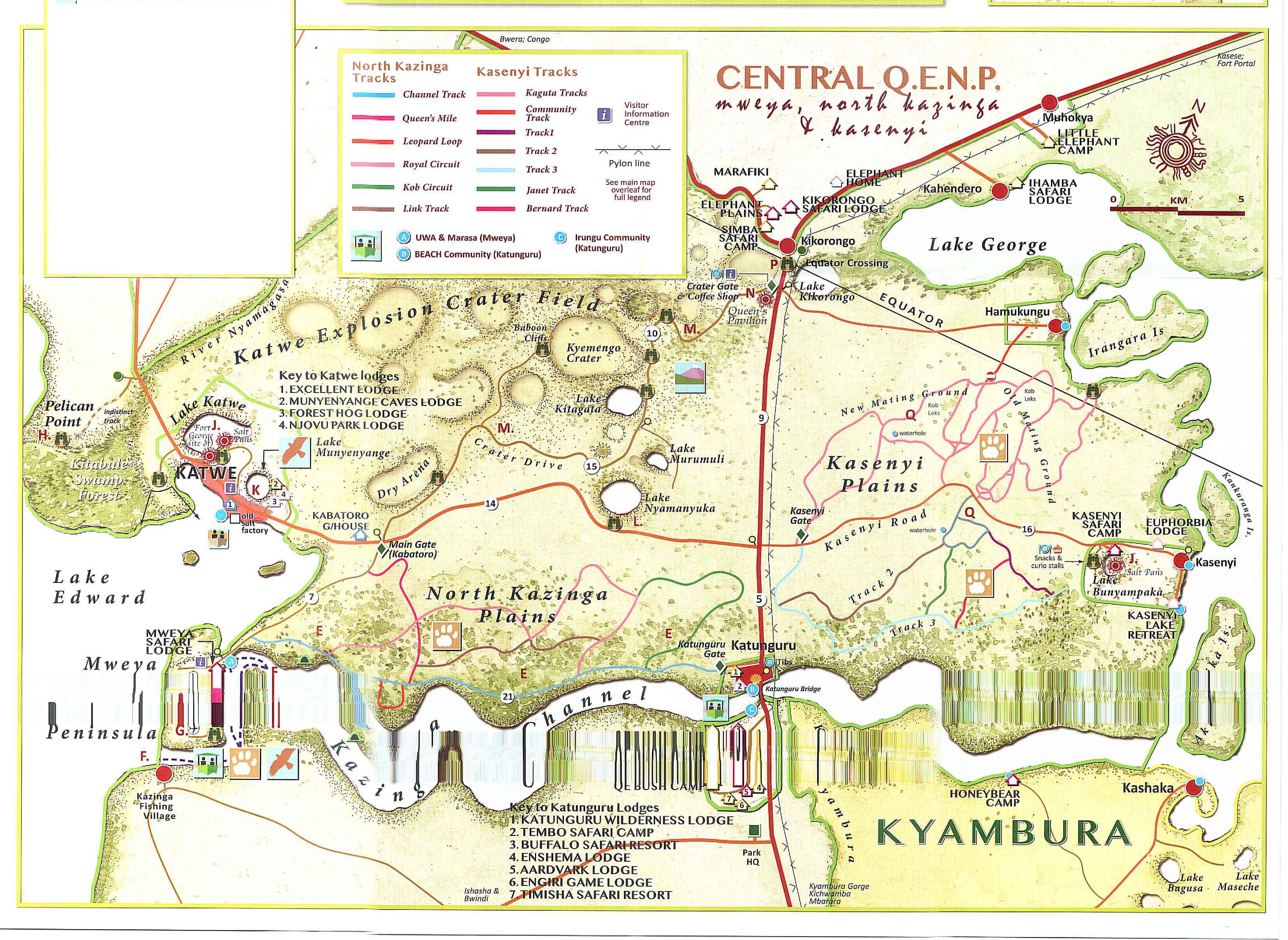 A map showing the Kasenyi plains - North Kyambura -Mweya and the Kazinga Channel in Queen Elizabeth National Park