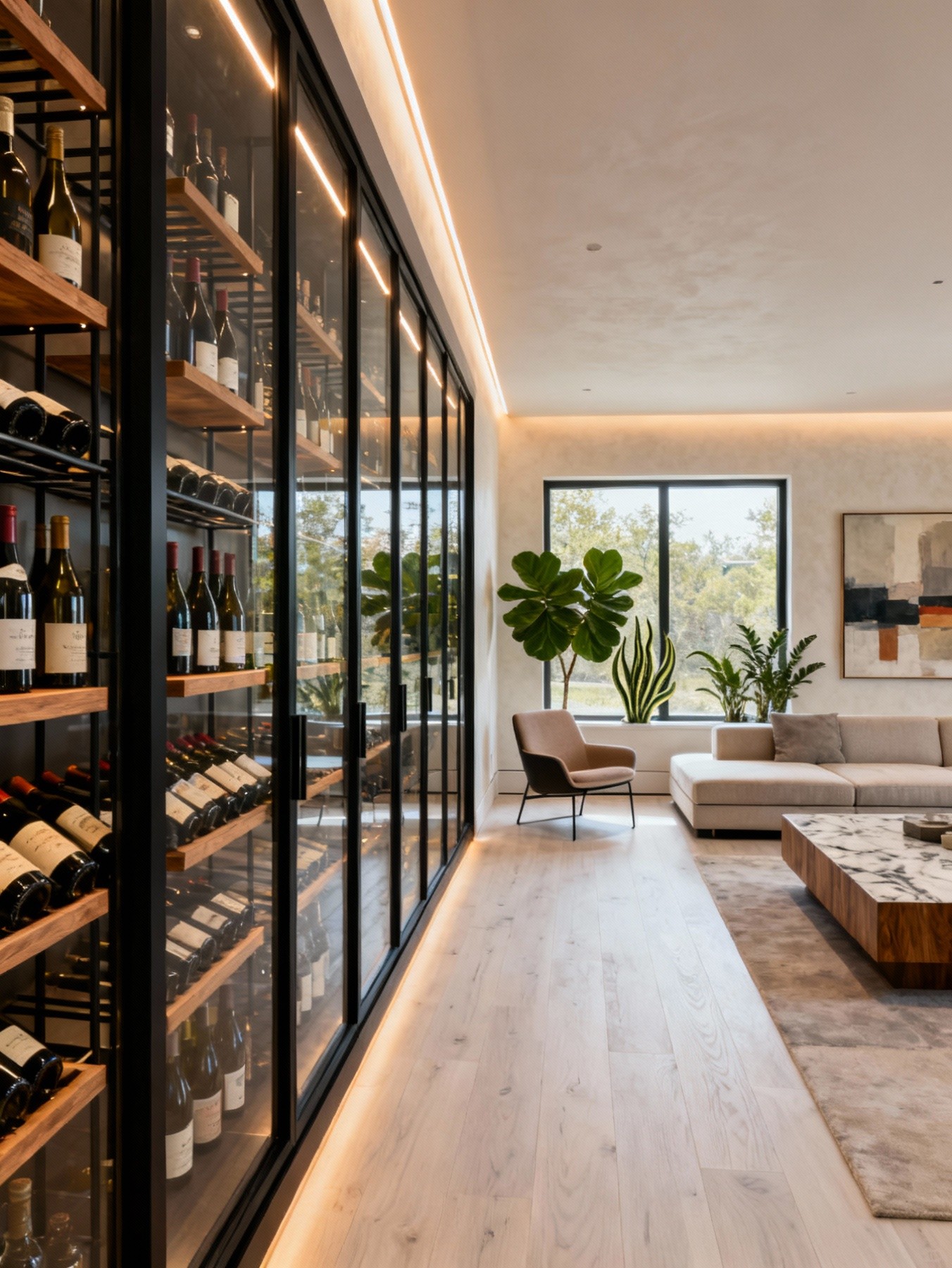 Modern custom wine wall renovation in Austin, Texas featuring a 532-bottle display with insulated glass doors, white oak wine racks, and matte black aluminum framing by Prestige Wine Cellars.