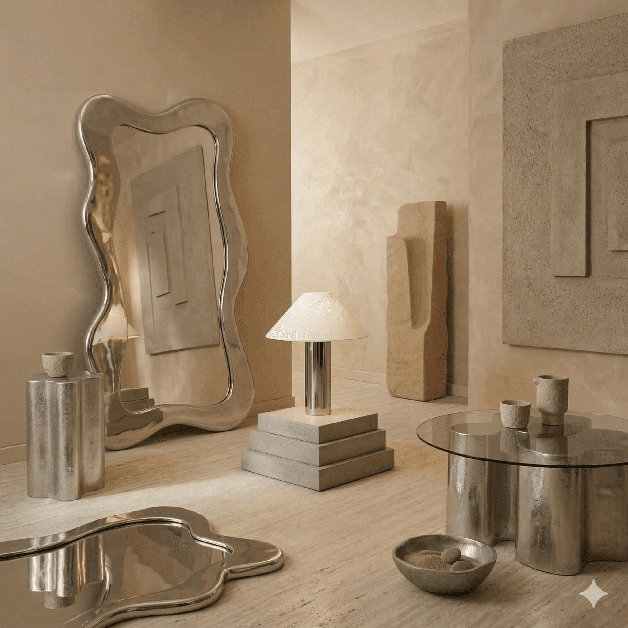 Outdoor corridor with brick arch windows, stucco grid wall, wooden pergola, and dramatic sunlight shadows.