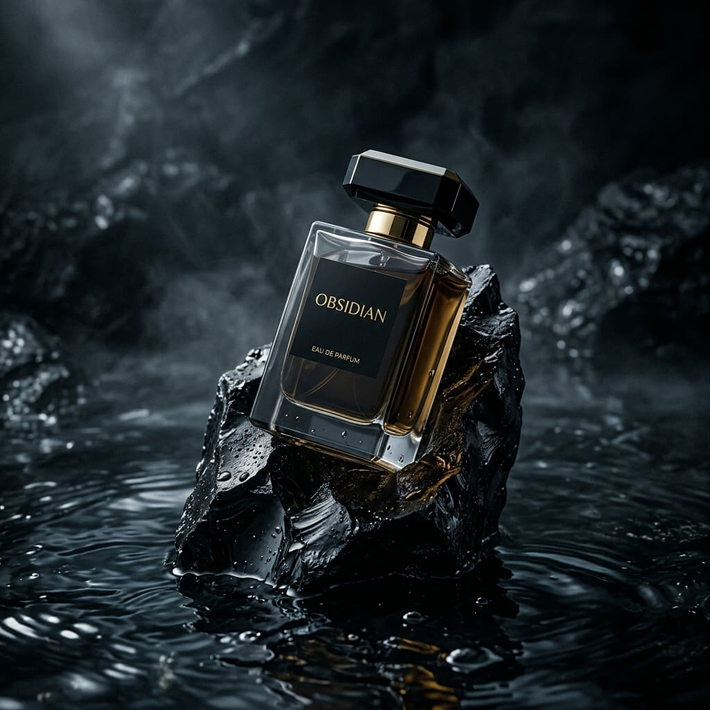 A sleek glass perfume bottle resting on a jagged obsidian rock, surrounded by dark water, moody dramatic lighting, high-end commercial photography.