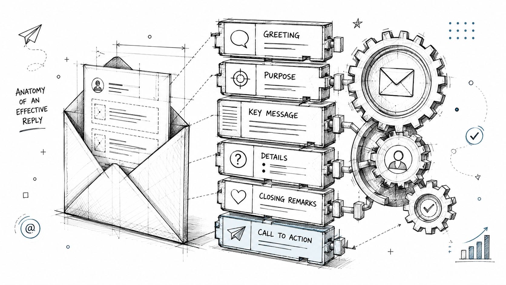 A hand-drawn infographic showing the anatomical structure of an effective email reply with six key components.