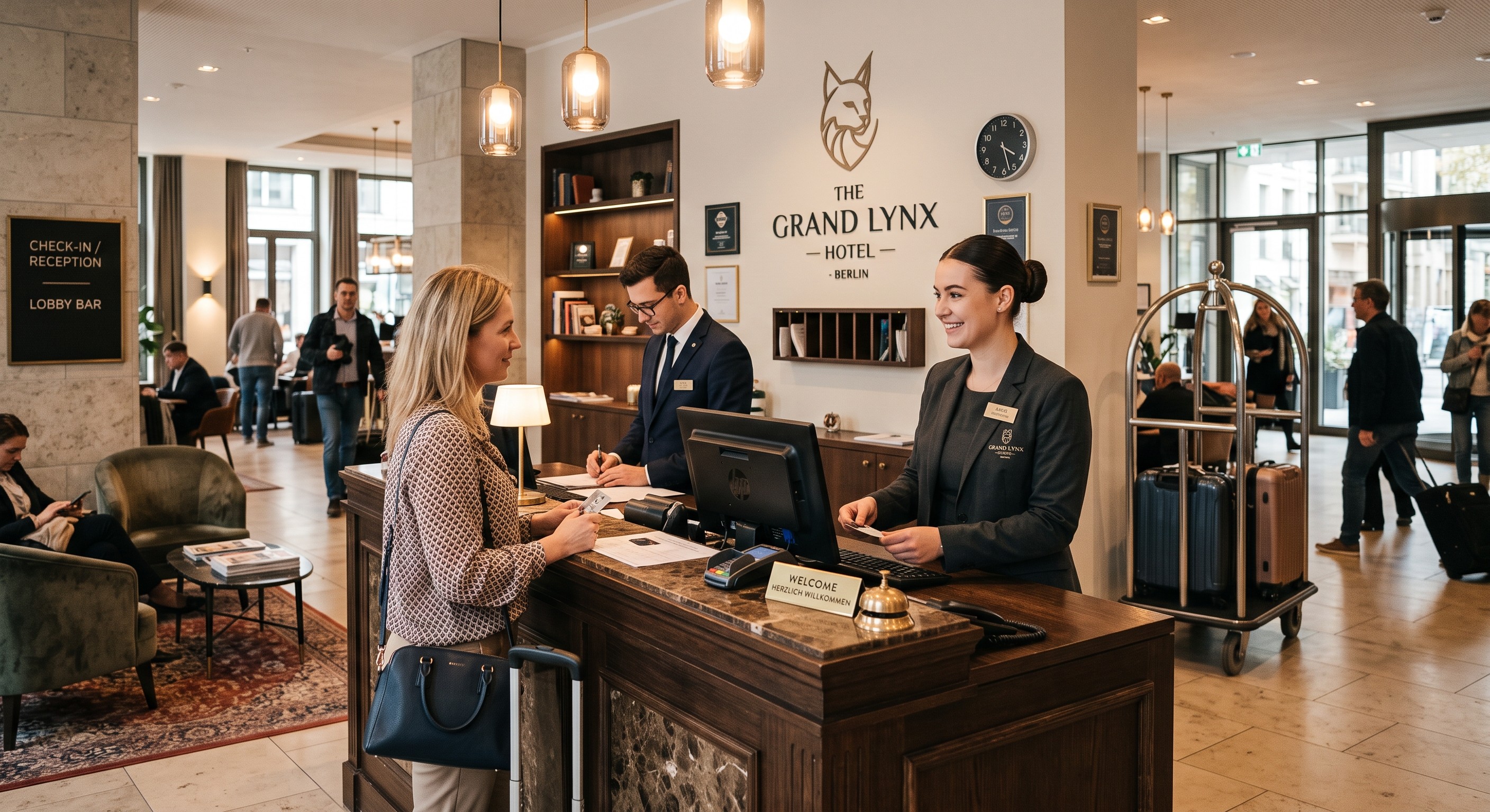 Eine blonde Frau mit Koffer steht an der Holztheke einer eleganten Hotellobby, während ein Rezeptionist im dunklen Anzug und mit Brille ihre Daten am Computer eingibt. Im Hintergrund ist die stilvoll beleuchtete Empfangshalle mit Gepäckwagen und Sitzbereich zu sehen.