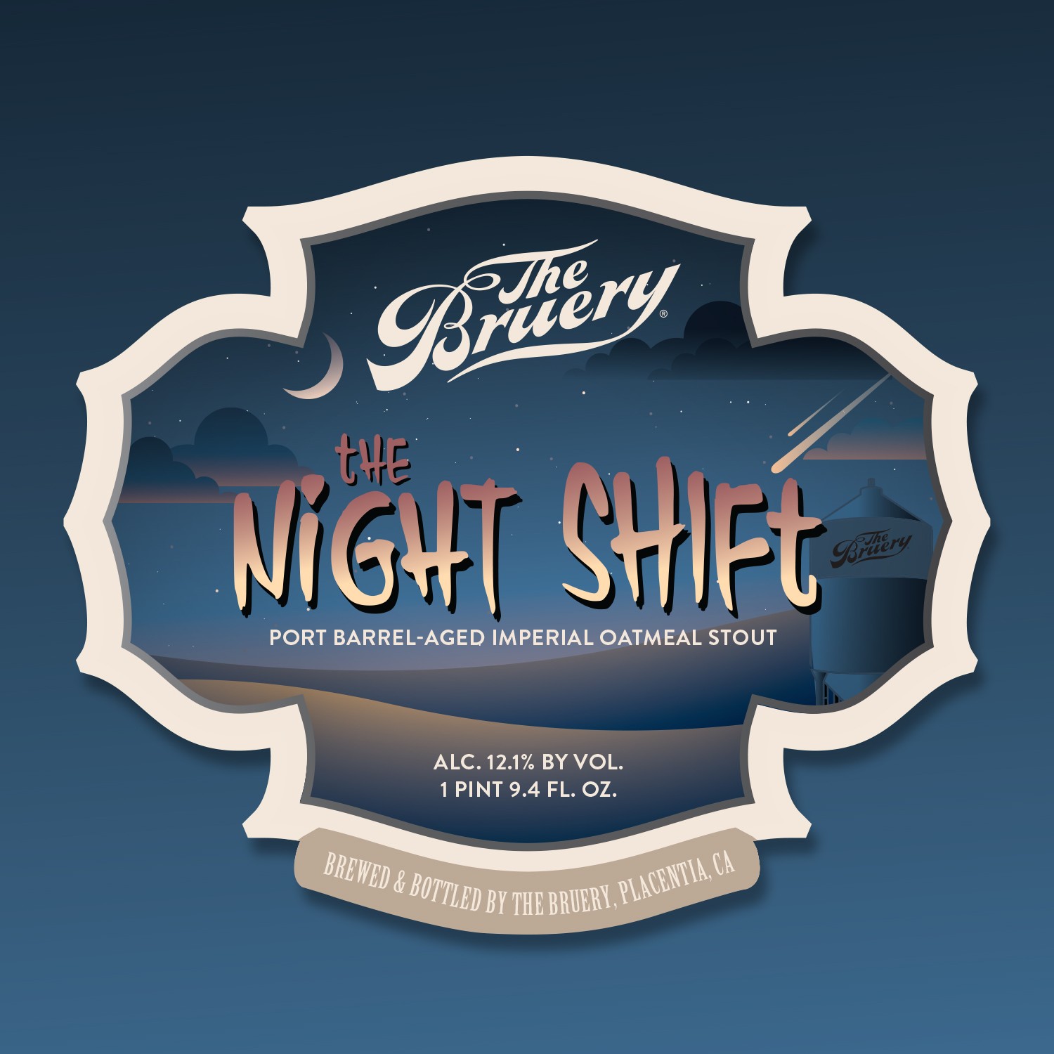 The Bruery Night Shift beer label design on blue background