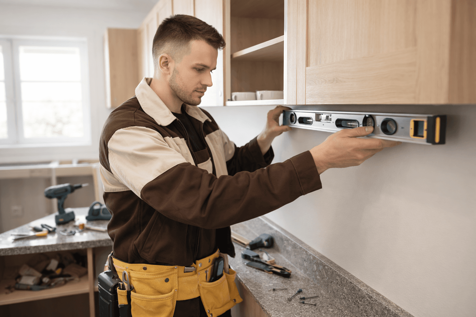 Image of a craftman measuring counter top