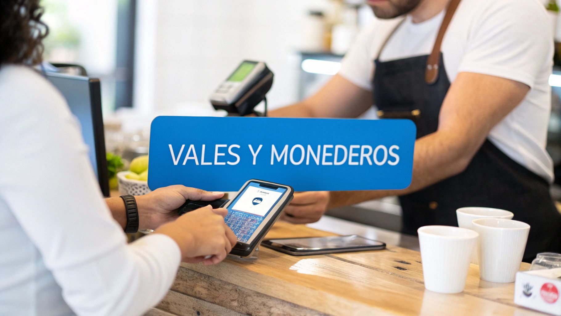 Cliente usando smartphone para pagar con vales o monederos digitales en una cafetería con barista.