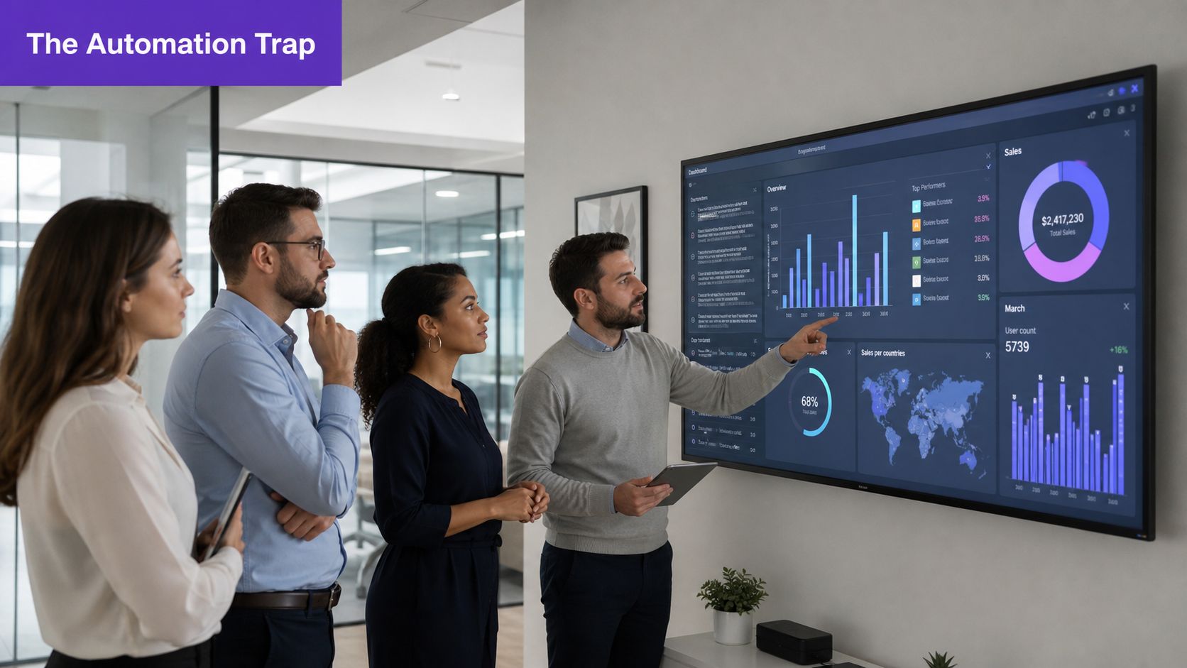 A diverse team of professionals analyzing data visualizations and business metrics on a large wall-mounted monitor.