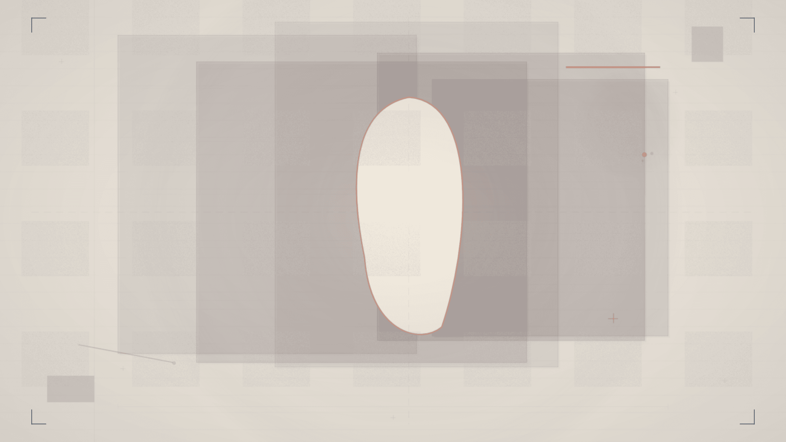 Abstract geometric composition on warm cream of overlapping translucent rectangular panels in navy and slate with a single organic curved aperture cut through the layered forms, accented by terracotta and gold marks, evoking compliance layers yielding to a human passage — for a blog about healthcare video production.