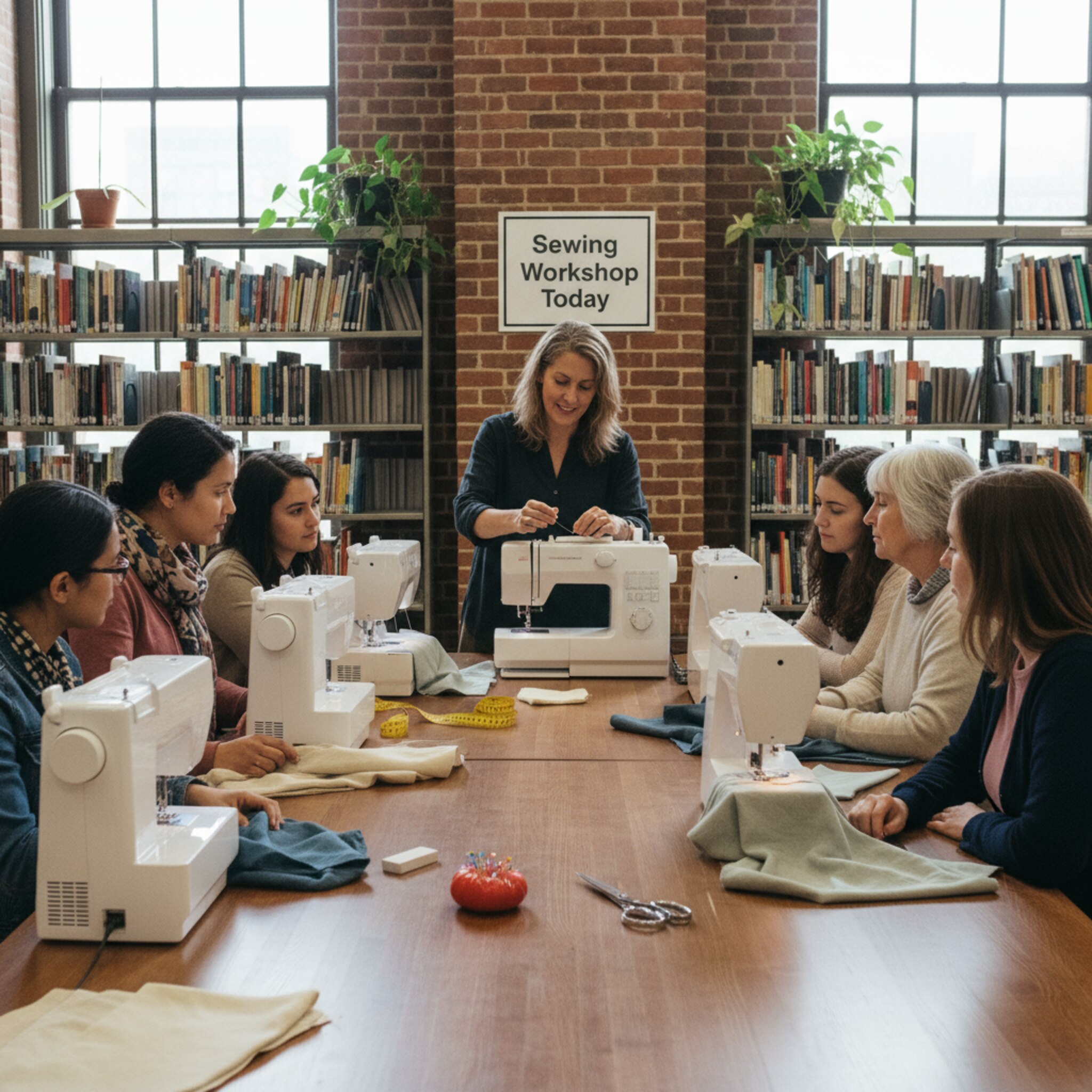Eine Bibliothekarin erklärt einer kleinen Runde, wie eine Nähmaschine eingefädelt wird. Hände greifen nach Stoffproben, auf dem Tisch liegen Maßband und Kreide. Ein schlichtes Plakat kündigt den Workshop an. Die Atmosphäre ist freundlich und konzentriert.