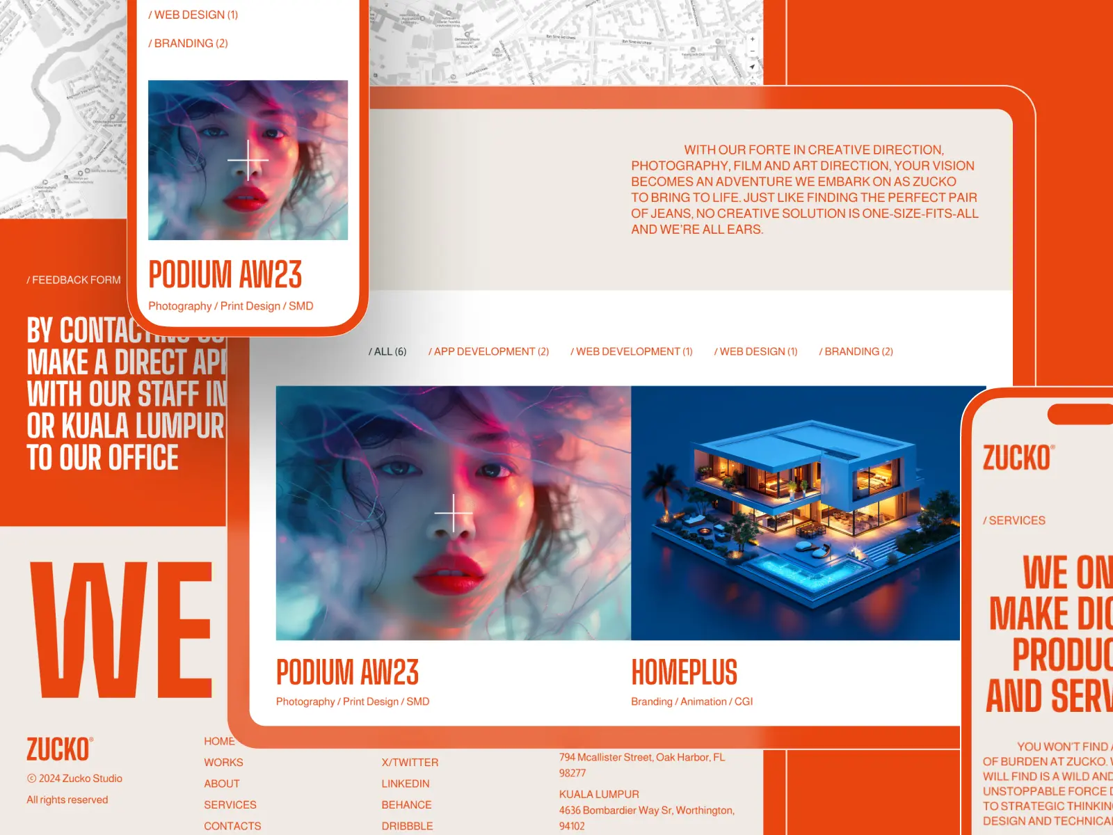 A preview grid of the 'Zucko' website template showing multiple responsive layouts with bold orange and black color schemes, emphasizing creative and abstract design themes for digital products