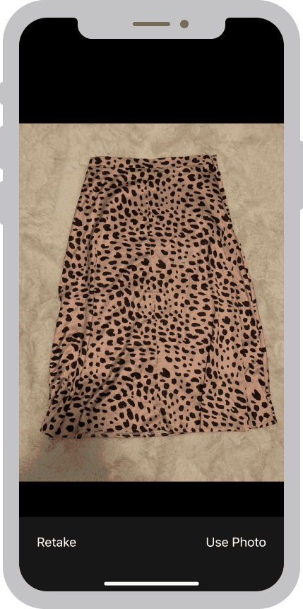 Mockup of the camera app taking a photo of a skirt