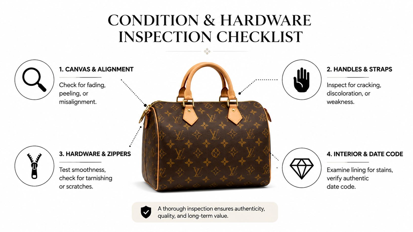 An infographic titled Condition & Hardware Inspection Checklist for a luxury Louis Vuitton handbag, highlighting key inspection areas.