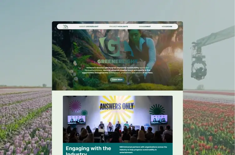GreenerLight website design for Universal’s green filmmaking initiative, featuring a UI mockup over a field of tulips and a 'Wicked' film set camera rig.