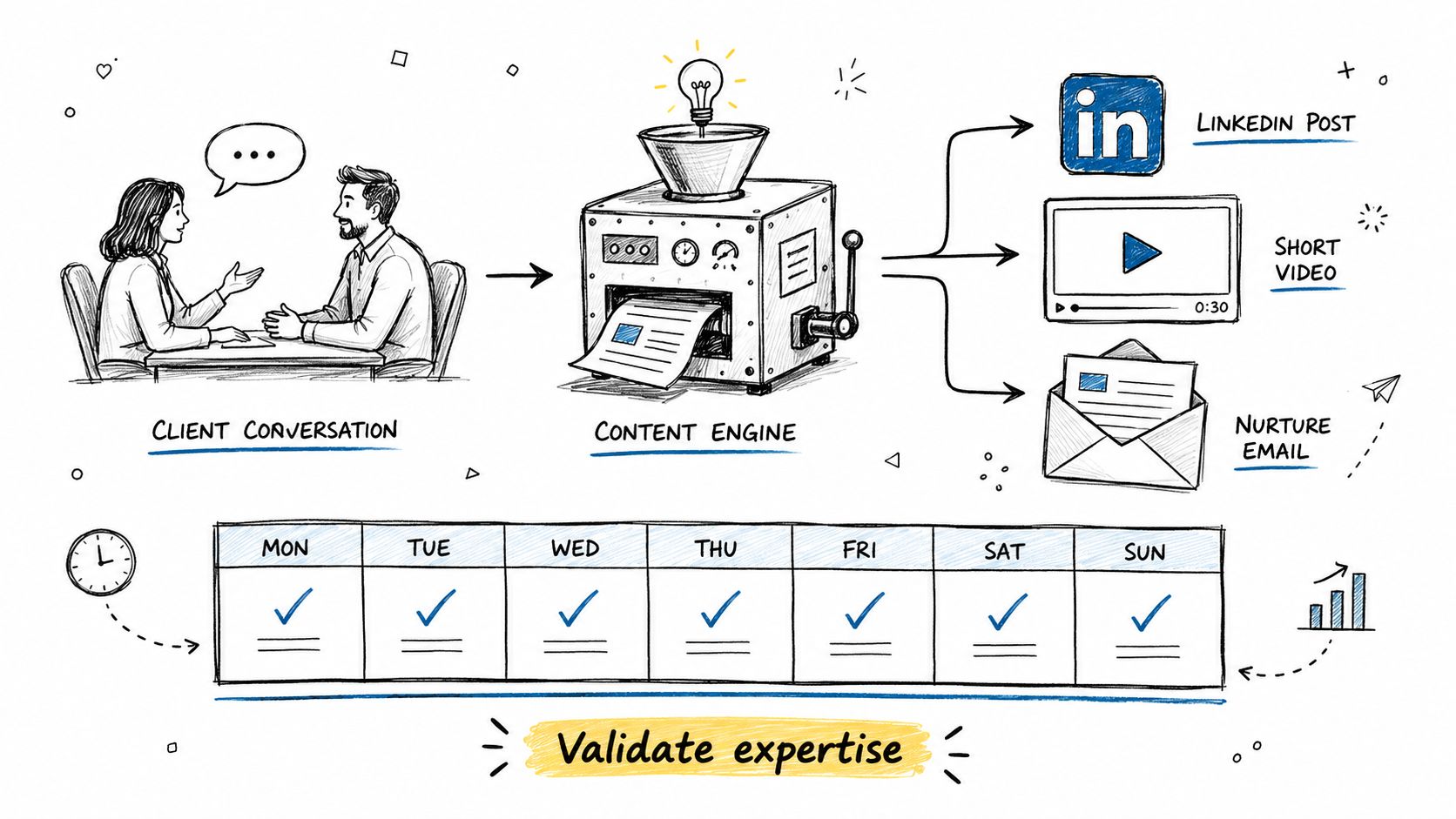 A hand-drawn illustration showing a content engine converting client conversations into social media content and emails.