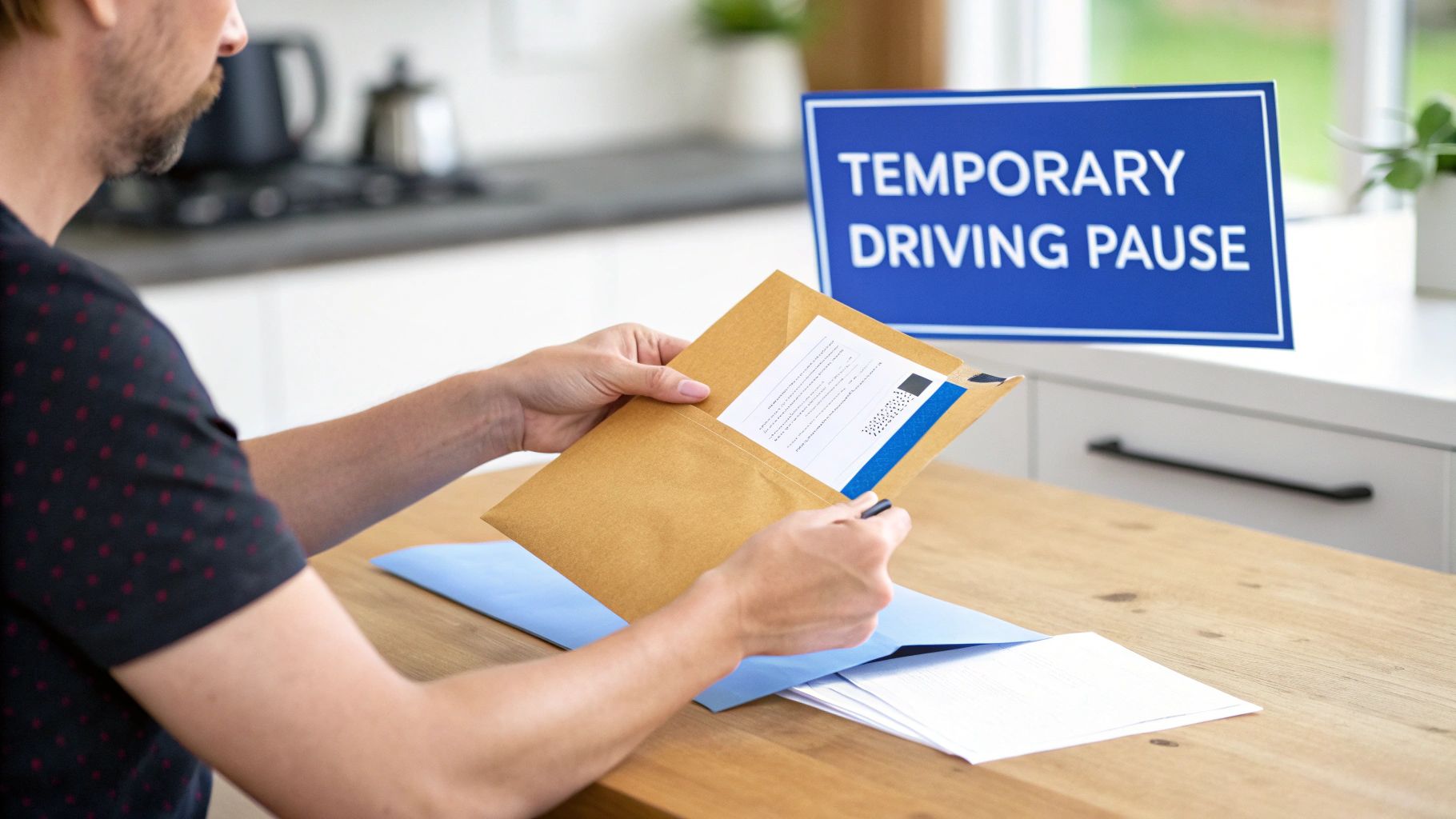 A man at a table opens an envelope with documents, a 'Temporary Driving Pause' sign is visible.