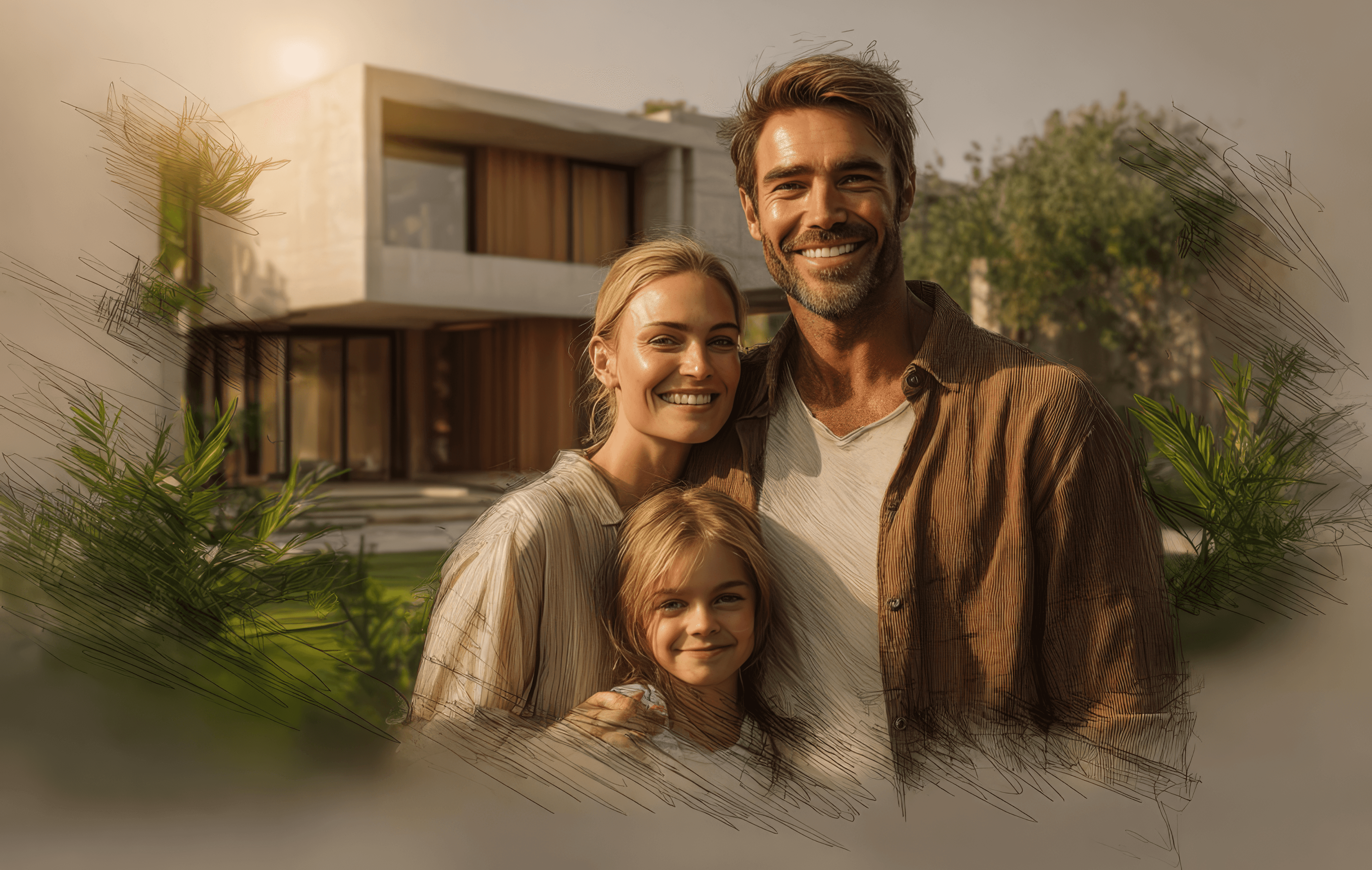 Happy family stands and smiling in front of their beautiful house in modern style representing Wallary application mission