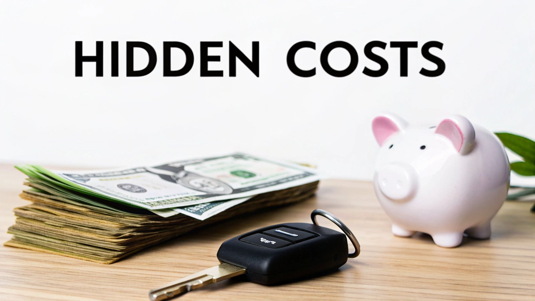 A stack of money, car key, and piggy bank on a desk under 'HIDDEN COSTS' text.