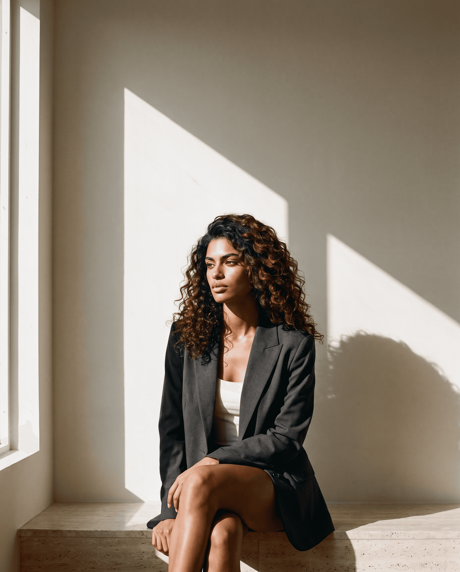 Alex Rey in a black blazer sitting in sunlight — Summer Essentials campaign