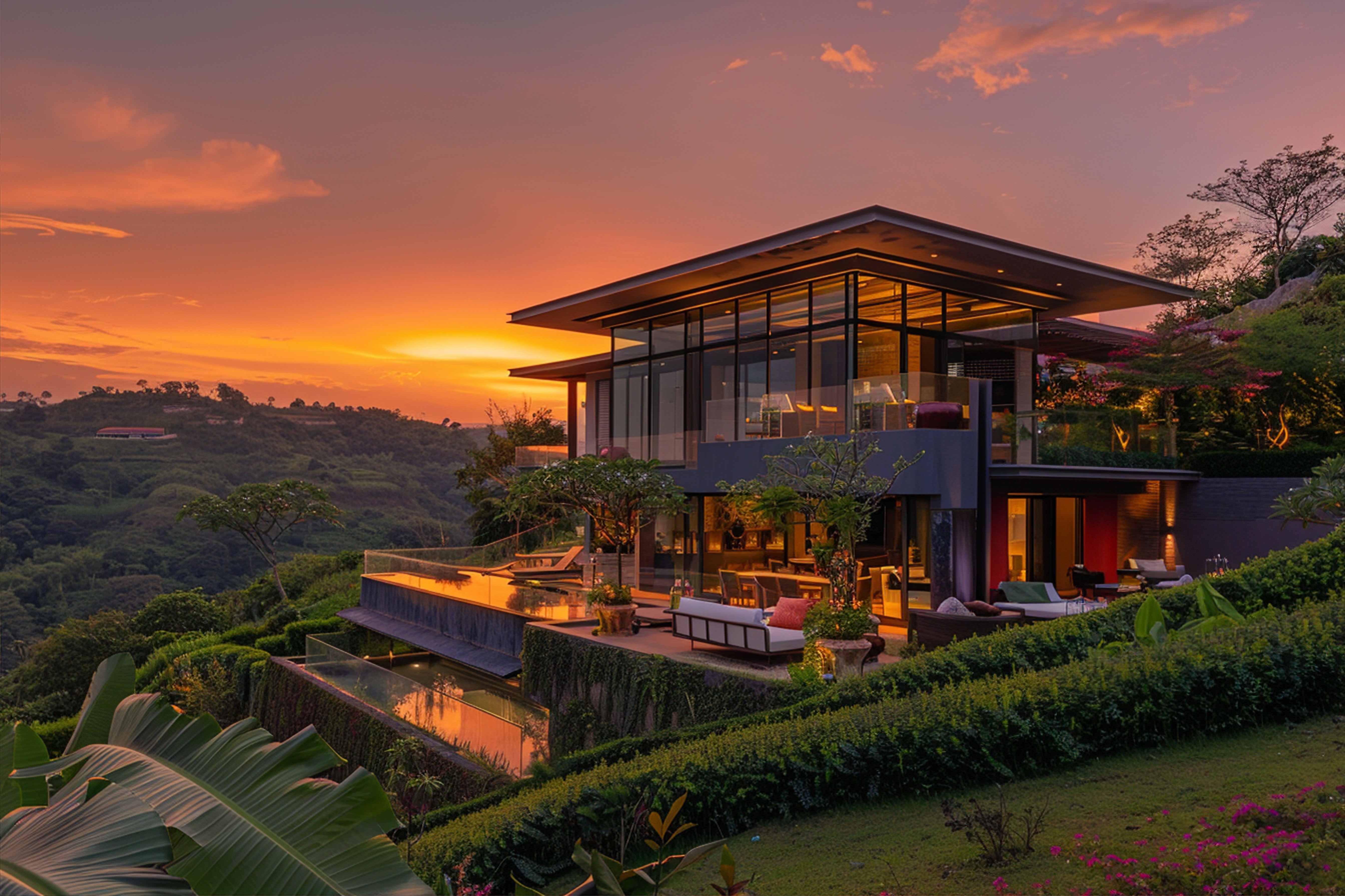 Modern hillside house with large windows, overlooking a lush landscape at sunset. Warm glow, infinity pool, and serene ambiance enhance the scene.