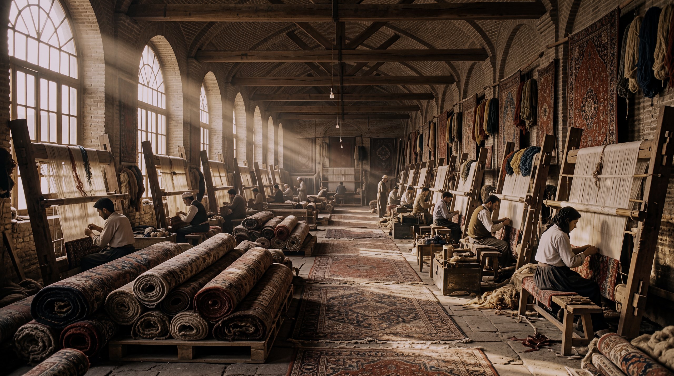 A carpet works the length of a cathedral: arched windows, shafts of dust-light, forty looms and rolled rugs stacked down the centre aisle