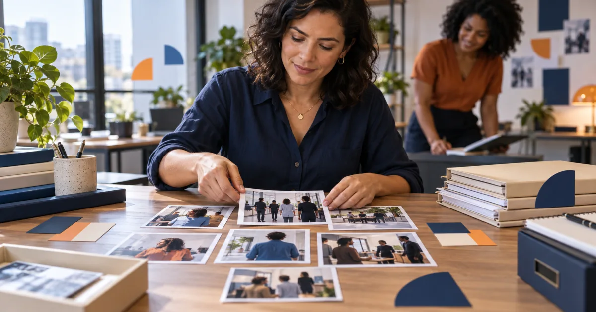 Profissional de comunicação interna organiza fotografias impressas sobre uma mesa em um escritório, com uma colega ao fundo.