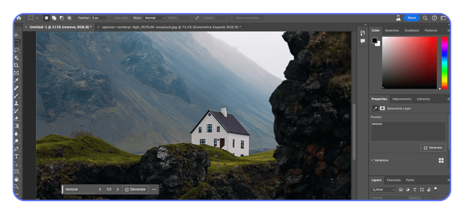 Adobe Photoshop workspace with a landscape photo of a white house in Icelandic mountains, demonstrating generative expand editing tools.