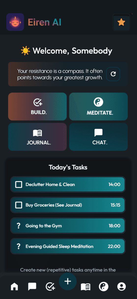 Eiren AI home screen offering quick access to create meditations, journal entries, work on dreams, or chat with the AI assistant.