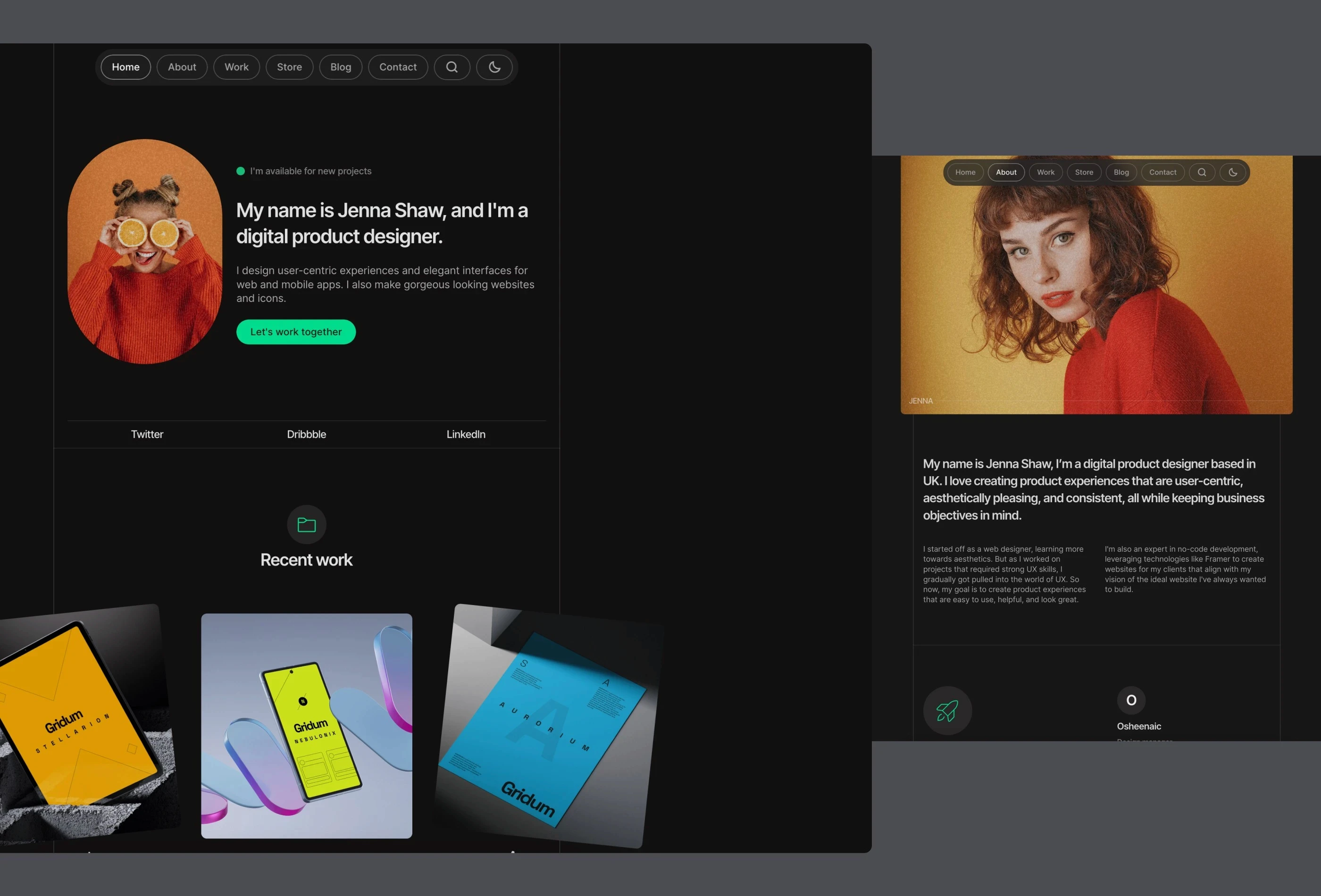 Gridum grid-based portfolio Framer template with dark theme showcasing hero section, recent work gallery, and about page