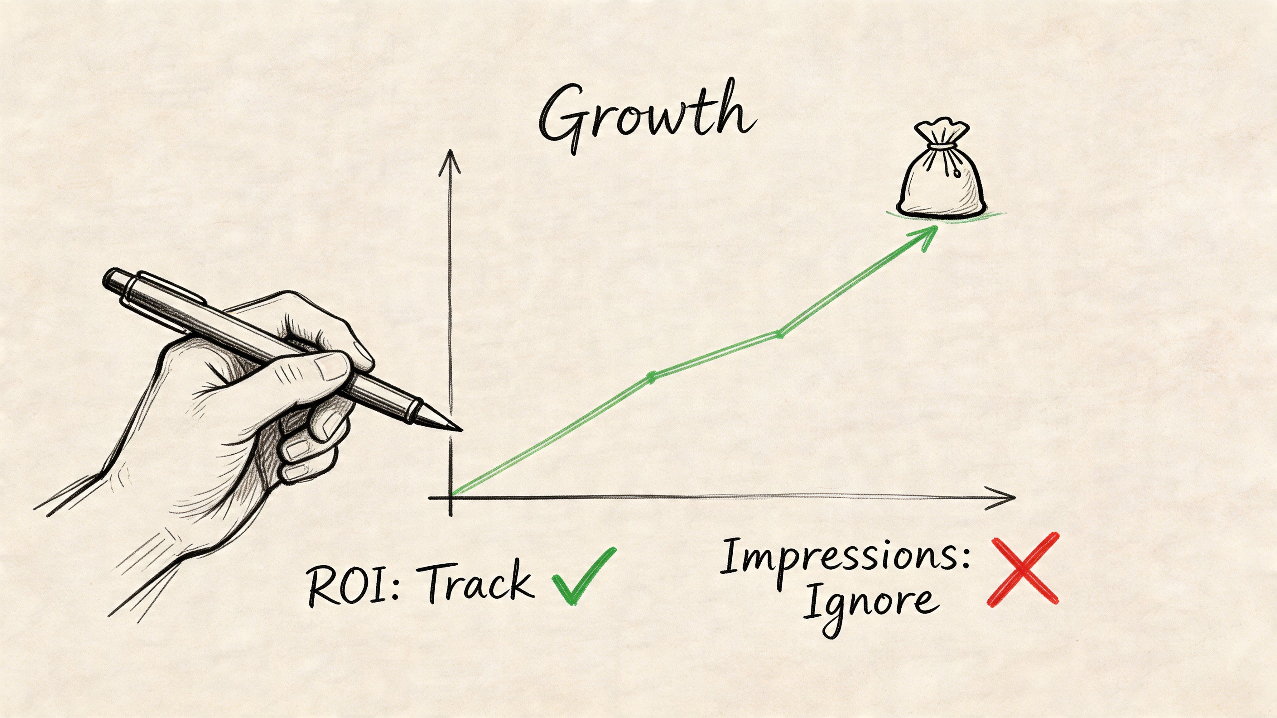 A hand-drawn illustration showing an upward growth chart with a money bag, emphasizing tracking ROI over impressions.