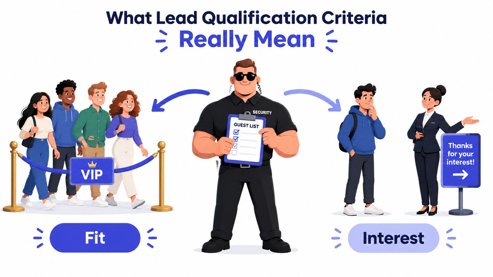 A security guard holding a guest list represents lead qualification criteria by separating fit from interest.