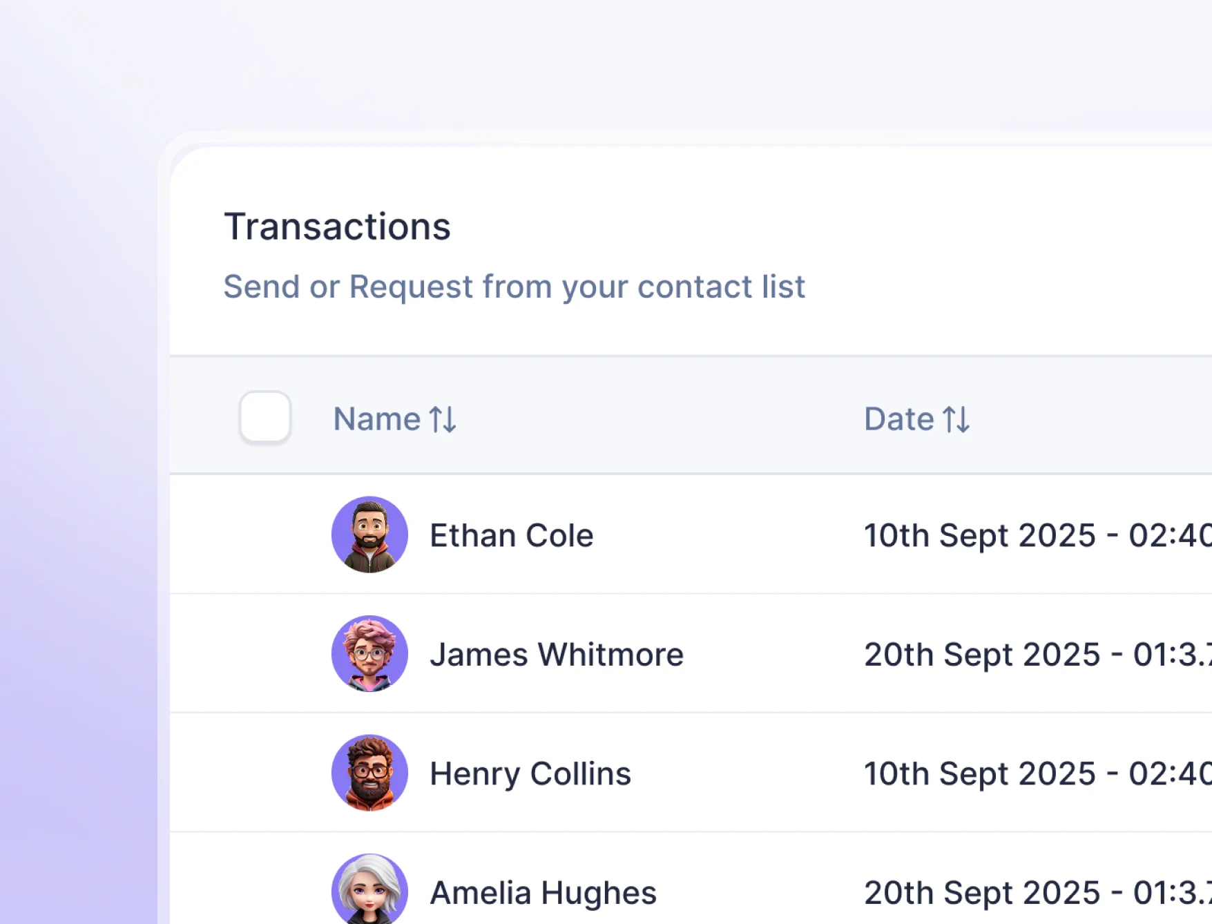 Transaction list interface with user avatars demonstrating secure payment encryption and tracking