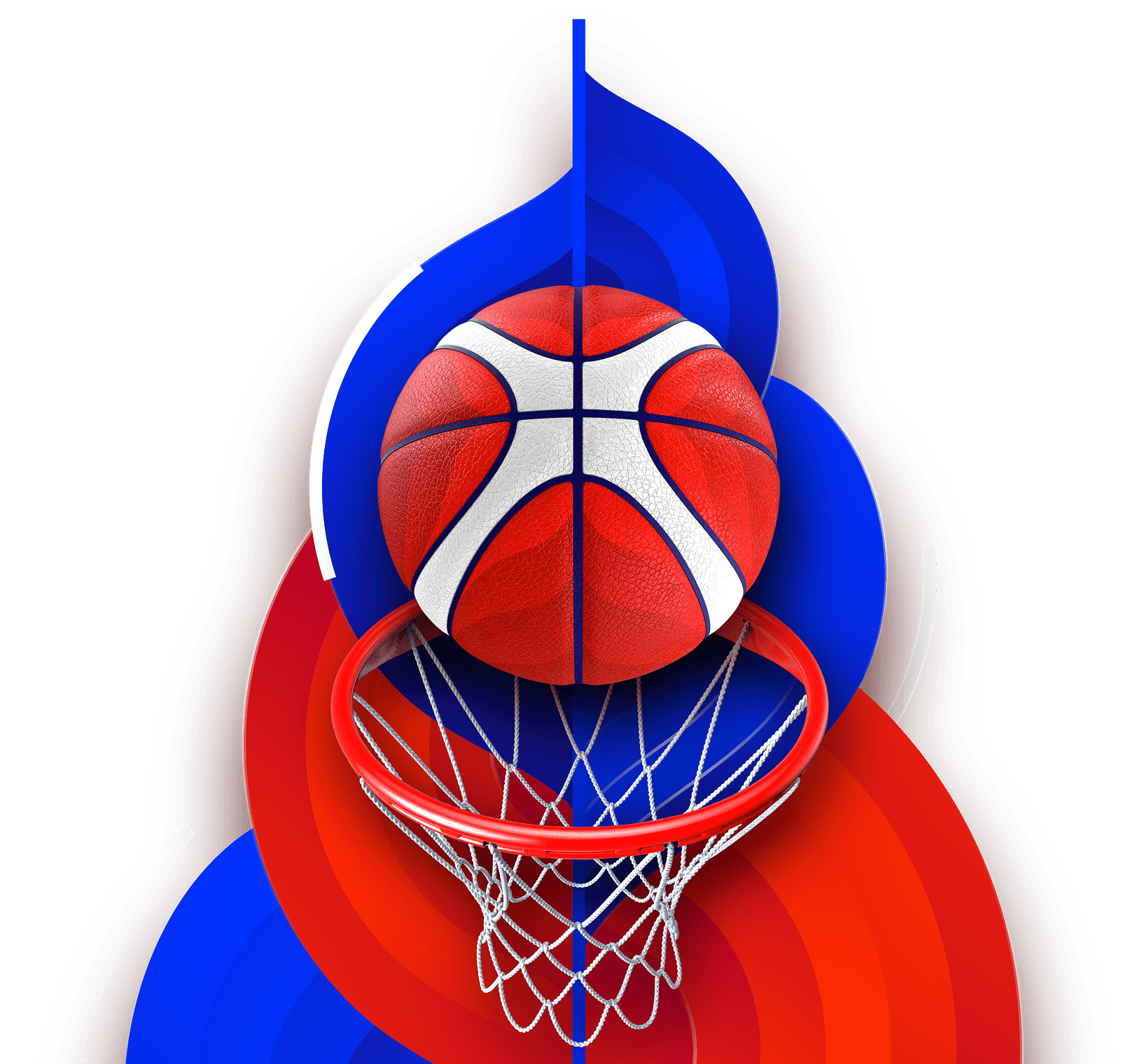 Graphical image of a stylized basketball about to go in the hoop