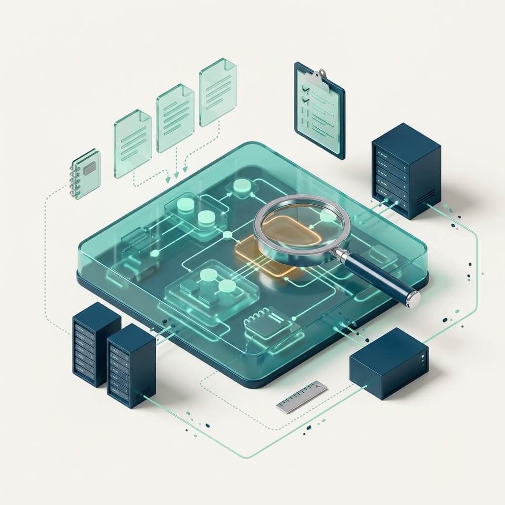 Magnifying glass analyzing transparent system platform with workflow and dependency mapping