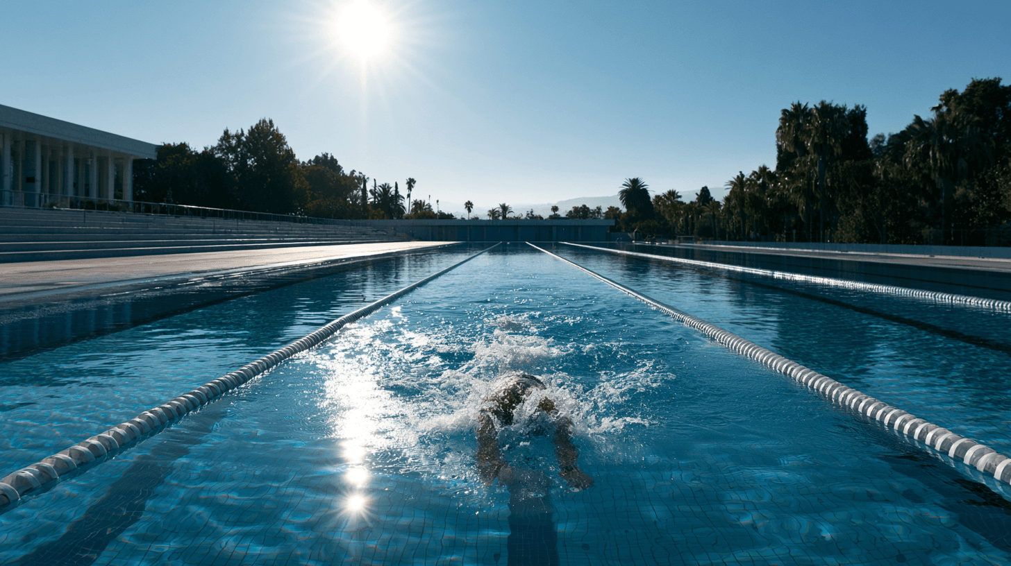 Single swimmer sprinting through an outdoor competition pool lane, sun reflecting on water, palm trees in background
