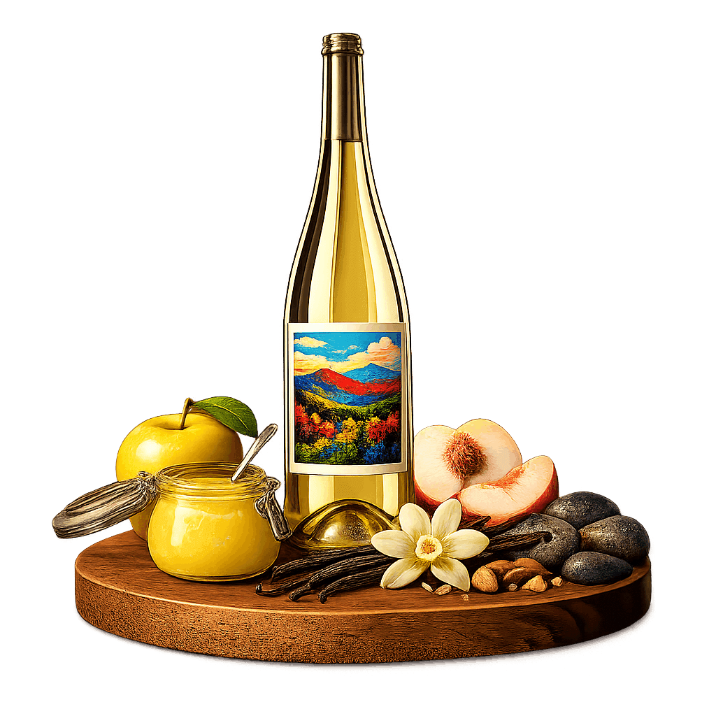 Artistic label and flavor profile for Virginia Chardonnay on a rustic wooden table.