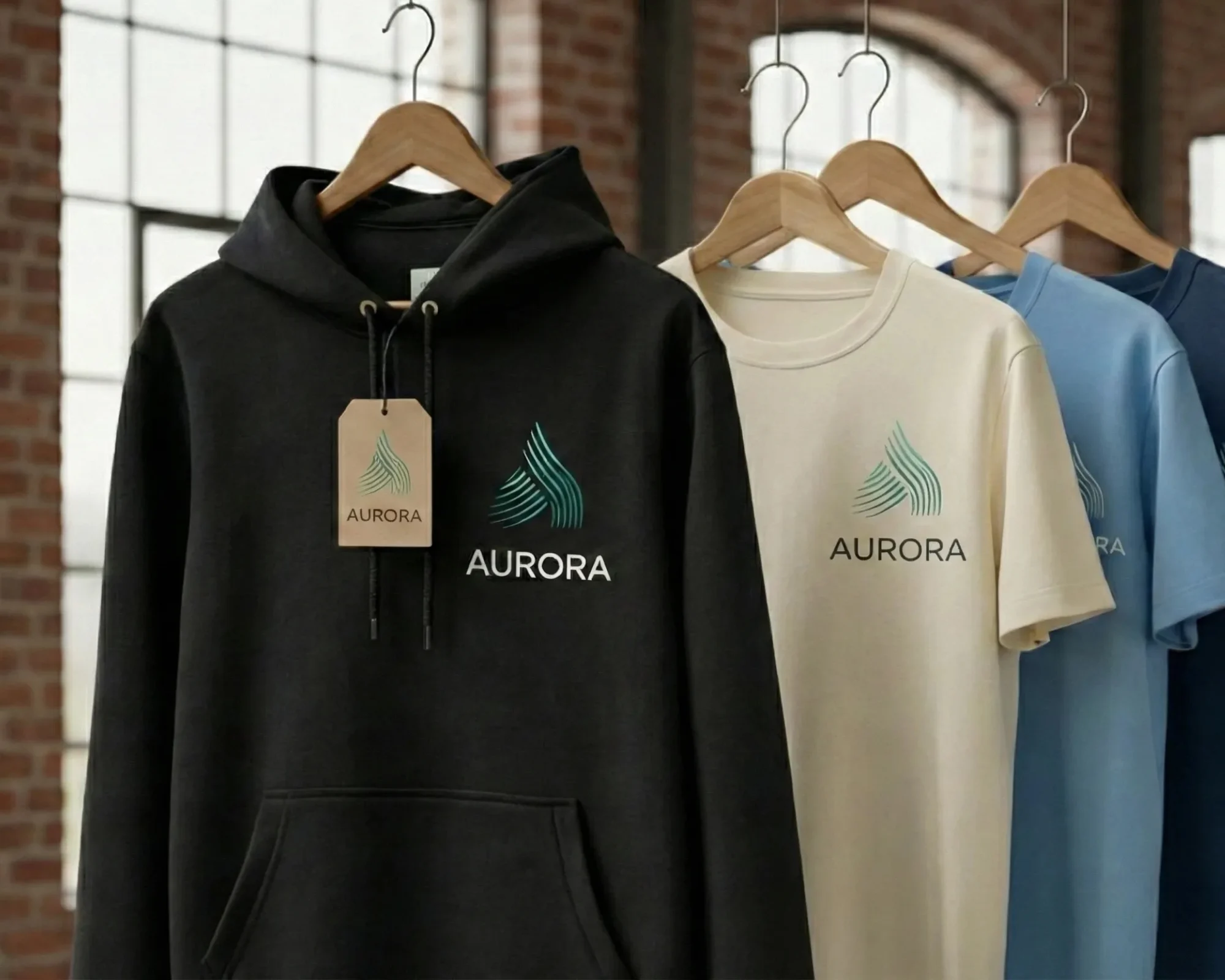 Three minimalist Aurora hoodies in black, cream, and light blue tones hanging on wooden hangers against an industrial brick wall.