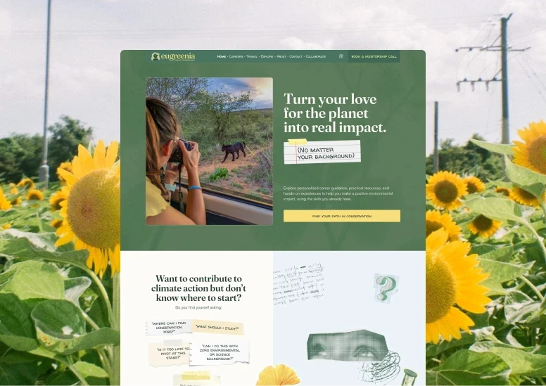 Eugreenia website design for climate communicator Eugenia Chow, featuring a UI mockup over a field of sunflowers.