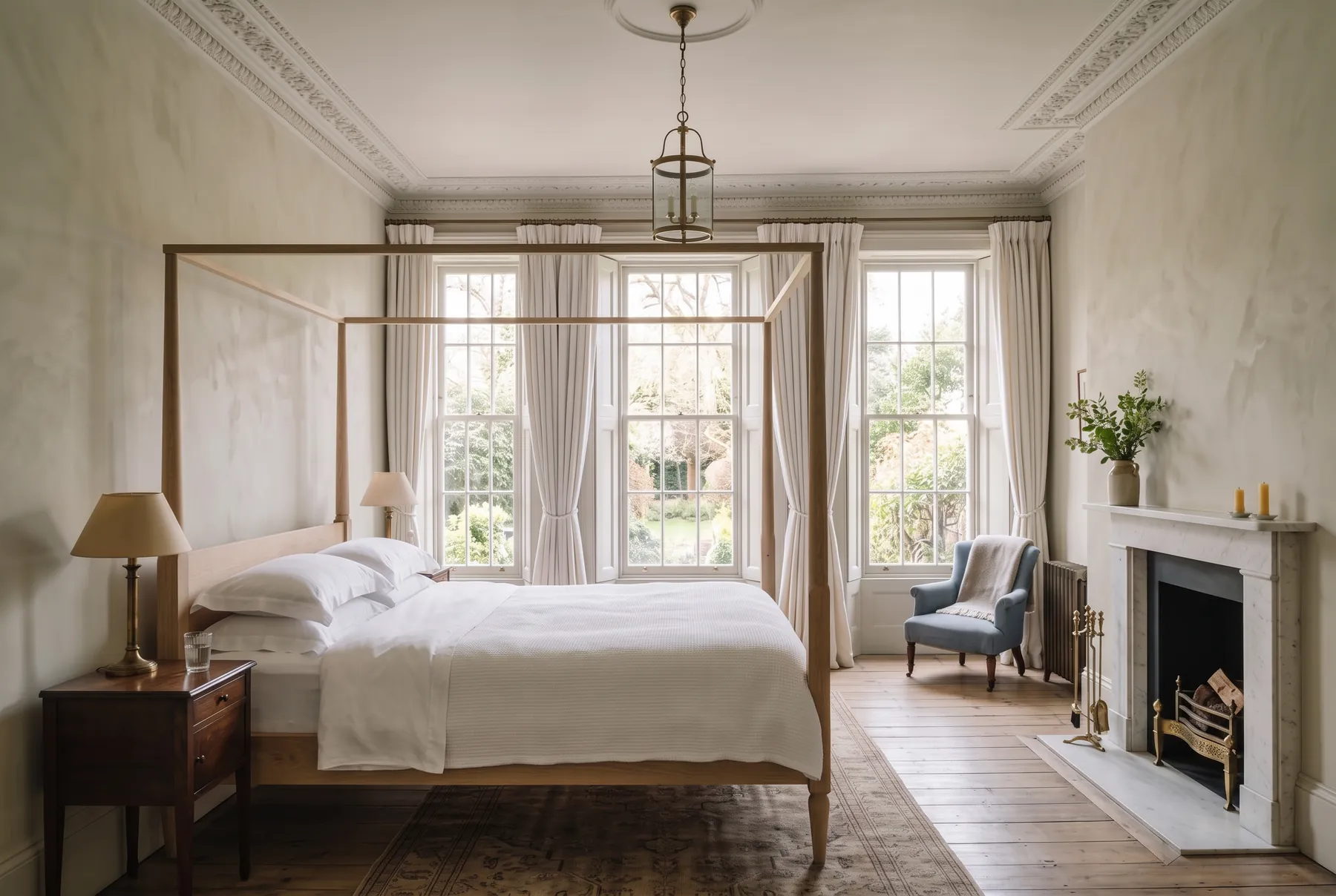 Primary bedroom with a pale oak four-poster bed, sash windows and a marble fireplace